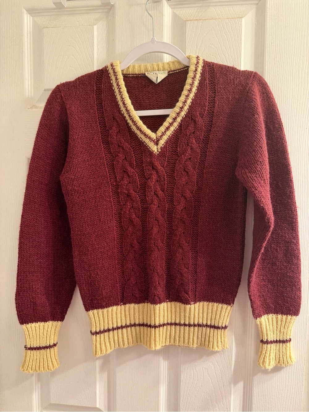 Vintage Women's Cable V-Neck Sweater in Burgundy with Cream Trim classic preppy